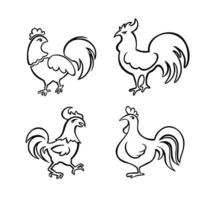 Set  vector graphic illustrations of linear roosters, hens