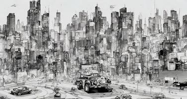 illustration drawing style, punk building city and car , generative art by A.I. photo