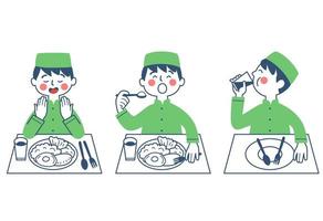 Moslem boy prepare to eat and pray, eating and drinking vector
