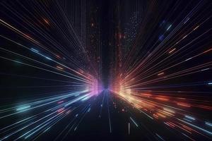 Speed of digital lights, neon glowing rays. Futuristic technology abstract background with lines for network, big data, data center, server, internet photo