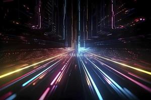 Speed of digital lights, neon glowing rays. Futuristic technology abstract background with lines for network, big data, data center, server, internet photo
