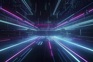 Speed of digital lights, neon glowing rays. Futuristic technology abstract background with lines for network, big data, data center, server, internet photo