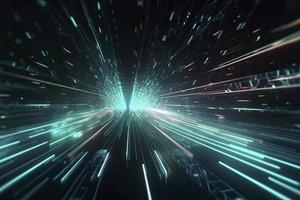 Speed of digital lights, neon glowing rays. Futuristic technology abstract background with lines for network, big data, data center, server, internet photo