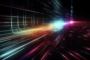 Speed of digital lights, neon glowing rays. Futuristic technology abstract background with lines for network, big data, data center, server, internet photo