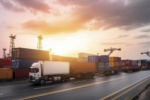 transportation and logistic import export and transport industry of truck container cargo ship photo