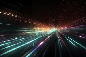 Speed of digital lights, neon glowing rays. Futuristic technology abstract background with lines for network, big data, data center, server, internet photo