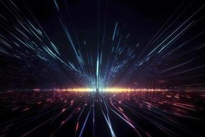 Speed of digital lights, neon glowing rays. Futuristic technology abstract background with lines for network, big data, data center, server, internet photo