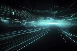Speed of digital lights, neon glowing rays. Futuristic technology abstract background with lines for network, big data, data center, server, internet photo