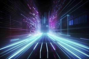 Speed of digital lights, neon glowing rays. Futuristic technology abstract background with lines for network, big data, data center, server, internet photo