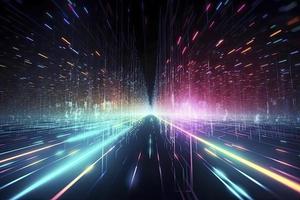 Speed of digital lights, neon glowing rays. Futuristic technology abstract background with lines for network, big data, data center, server, internet photo