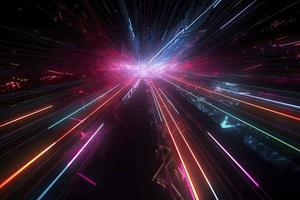 Speed of digital lights, neon glowing rays. Futuristic technology abstract background with lines for network, big data, data center, server, internet photo