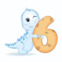 Cute Blue Dinosaur with number 6, cartoon illustration vector