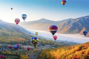 colorful hot air balloons fly in sky beautiful mountain landscape photo