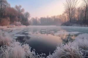 congelado hielo lago en invierno en un parque en el bosque en soleado clima un panorámico ver con un azul cielo foto