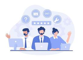 Customer service, hotline operators consult customers, call center. Modern vector flat illustration
