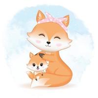 Cute baby fox with mom illustration watercolor background vector