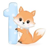 Cute Baby Fox with number 1, cartoon illustration vector