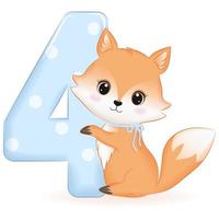 Cute Baby Fox with number 4, cartoon illustration vector