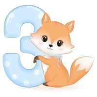 Cute Baby Fox with number 3, cartoon illustration vector