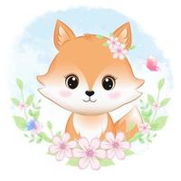 Cute fox and flower frame hand drawn cartoon illustration watercolor background vector