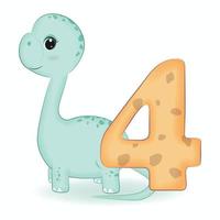 linda dinosaurio con número 4, dibujos animados ilustración vector