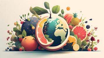 natural ilustración diseño de Fruta ensalada con sandía, verde hojas, y arboles generativo ai. foto