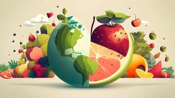 natural illustration design of fruit salad with watermelon, green leaves, and trees. . photo