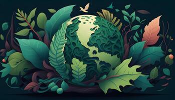 green planet earth with leaves, maps, and trees cute natural illustration design. . photo