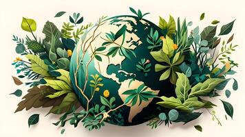 green planet earth with leaves, maps, and trees cute natural illustration design. . photo