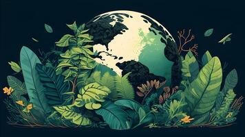 green planet earth with leaves, maps, and trees cute natural illustration design. . photo