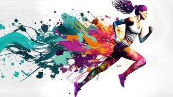 A woman ran with bubbles, and spray paint amidst a splash of vibrant circles. . photo