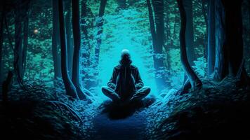 person in yoga position meditation in the deep green forest illustration design. . photo