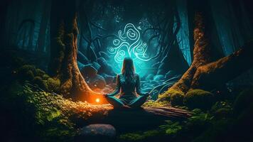 person in yoga position meditation in the deep green forest illustration design. . photo