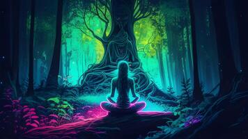 person in yoga position meditation in the deep green forest illustration design. . photo