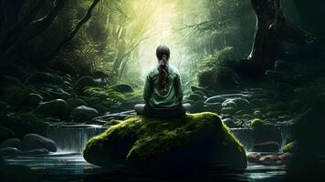 person in yoga position meditation in the deep green forest illustration design. . photo