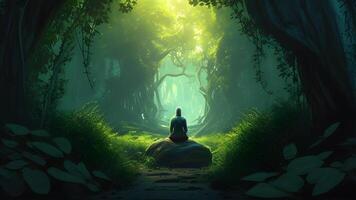 person in yoga position meditation in the deep green forest illustration design. . photo