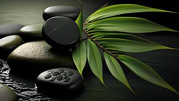 Natural spa illustration design with bamboo green leaves and zen stones. . photo