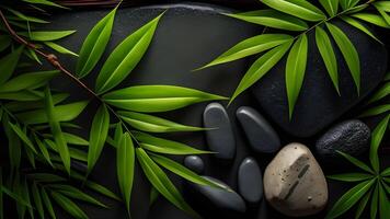 Natural spa illustration design with bamboo green leaves and zen stones. . photo