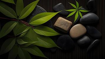 Natural spa illustration design with bamboo green leaves and zen stones. . photo