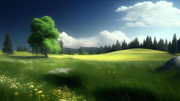 landscape with green grass and blue sky, . photo