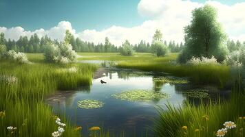 landscape with green grass and blue sky, . photo