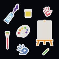 Flat vector painting tools in childish style. Hand drawn art supplies, brush, paint, palm, palette, rubber, easel stickers