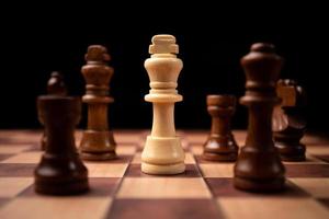 White king standing confront of Brown king and being in the chess circle. New business players are facing challenges. The management or leadership, analysis, strategy concept. photo