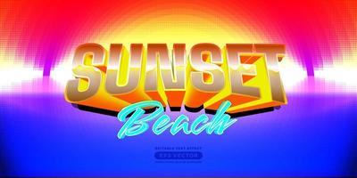Sunset beach retro editable text effect style with vibrant theme realistic neon light concept for trendy flyer, poster and banner template promotion vector