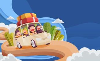 Muslim Family In Car Trip to Hometown during Eid Mubarak Celebration With Copy Space vector