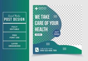 We take care of your health square promotional medical service social media post design template fully editable EPS file format High quality easy to customize vector