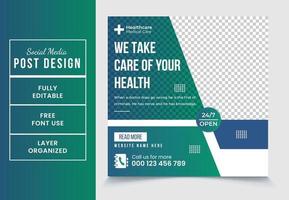 We take care of your health square promotional medical service social media post design template fully editable EPS file format High quality easy to customize vector