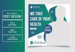 We take care of your health square promotional medical service social media post design template fully editable EPS file format High quality easy to customize vector