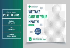 We take care of your health square promotional medical service social media post design template fully editable EPS file format High quality easy to customize vector