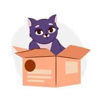 a cat sitting in a cardboard box. Moving and pets. a big cat box. Vector illustration